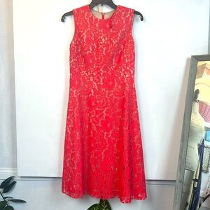 Eliza J lace coral dress lined fit-and-flare midi sz 2 fits S sleeveless floral